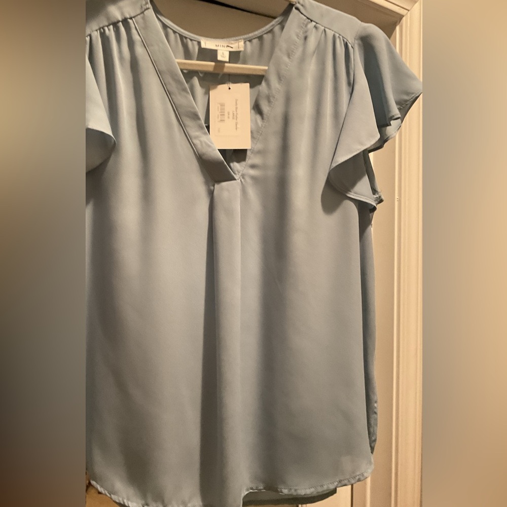 Mine Light Blue V-Neck Ruffle Blouse